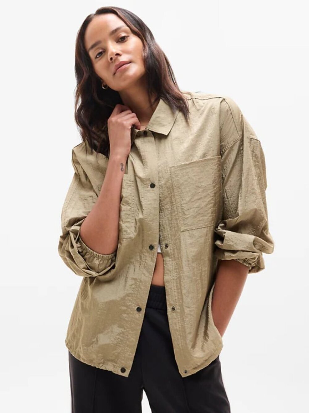 Athleta Lunar Sheen Shirt Top Women's Size L Beige Shacket Overshirt Activewear